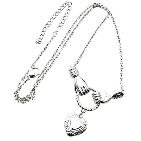 18K White Gold Plated Heart Hands Pendant Necklace Vintage Style - Picture 1 of 4